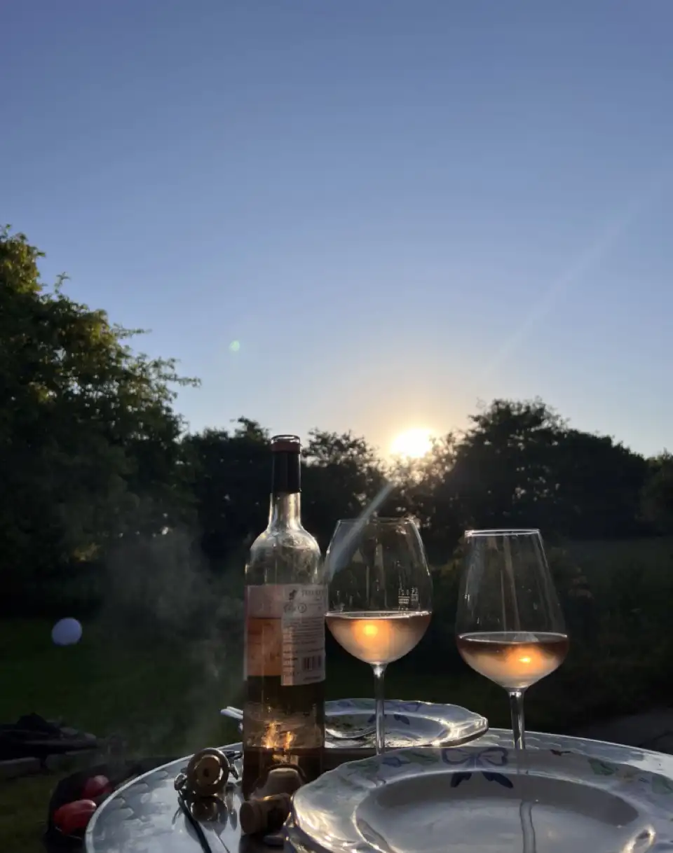 Das Glas Wein mit Sonnenuntergang von der Terrasse aus geniessen!