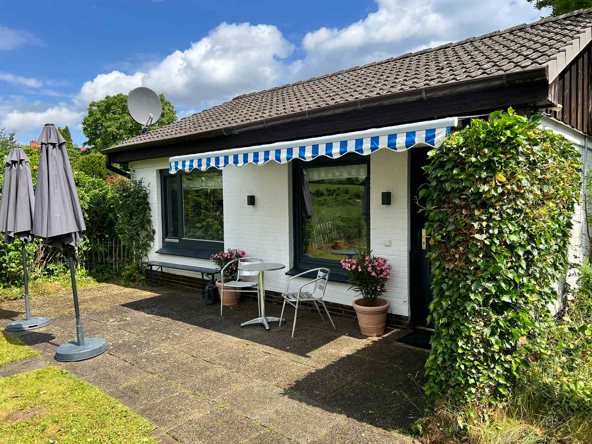 terrasse_02044 Ferienhaus am Wittensee - Terrasse mit 2 Stühlen und Tisch, dazu 2 Oleanderpflanzen. Ein lauschiges Plätzchen